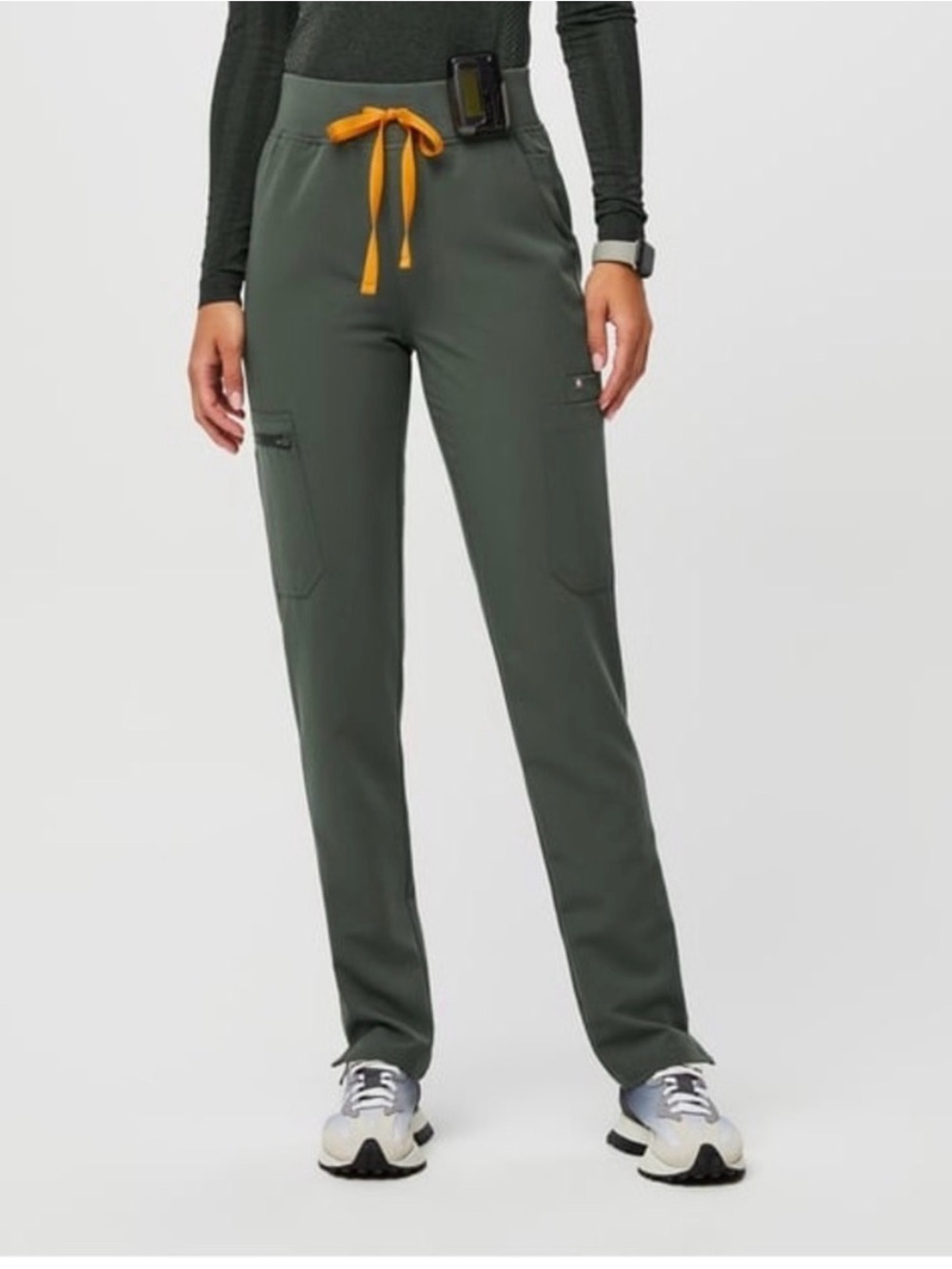 Figs Yola High-Rise Scrub Pant in Moss with Orange Drawstring
